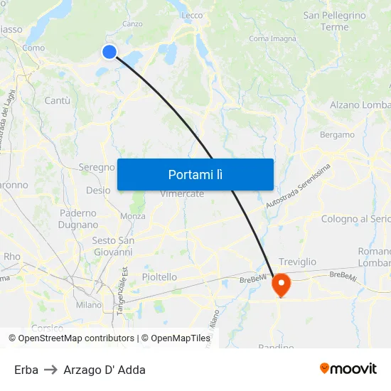 Erba to Arzago D' Adda map