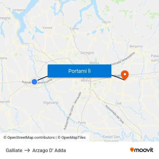 Galliate to Arzago D' Adda map