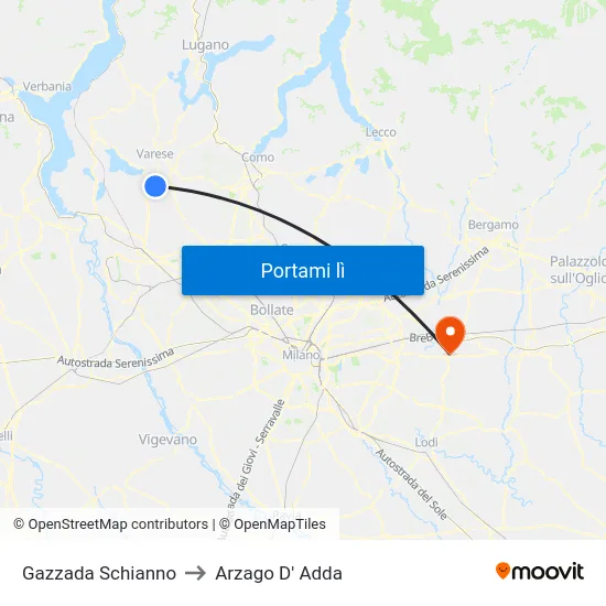 Gazzada Schianno to Arzago D' Adda map