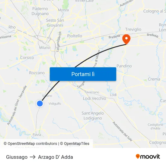 Giussago to Arzago D' Adda map
