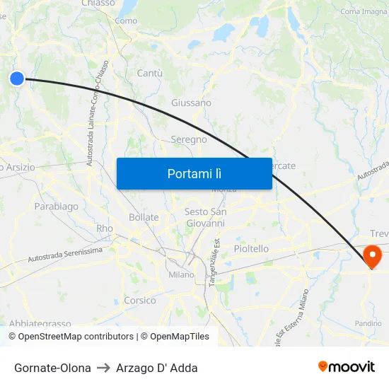Gornate-Olona to Arzago D' Adda map