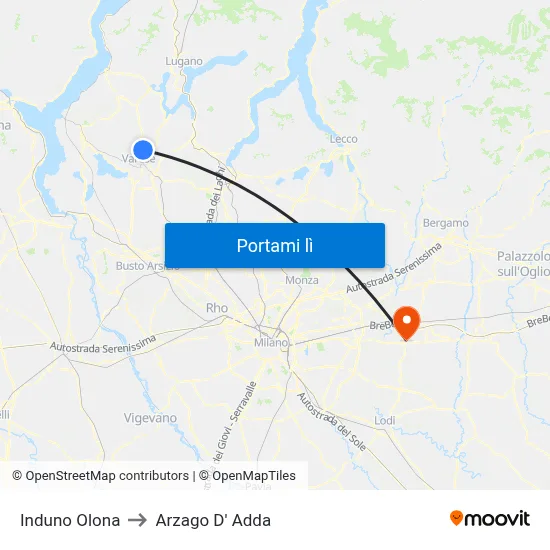 Induno Olona to Arzago D' Adda map