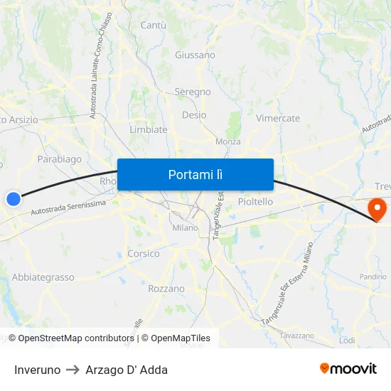 Inveruno to Arzago D' Adda map