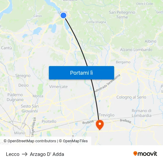 Lecco to Arzago D' Adda map