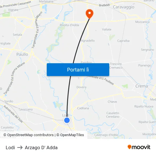 Lodi to Arzago D' Adda map