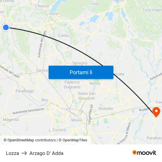 Lozza to Arzago D' Adda map