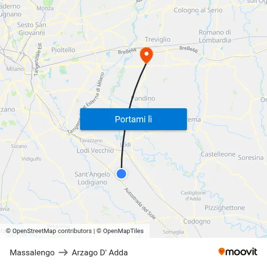 Massalengo to Arzago D' Adda map