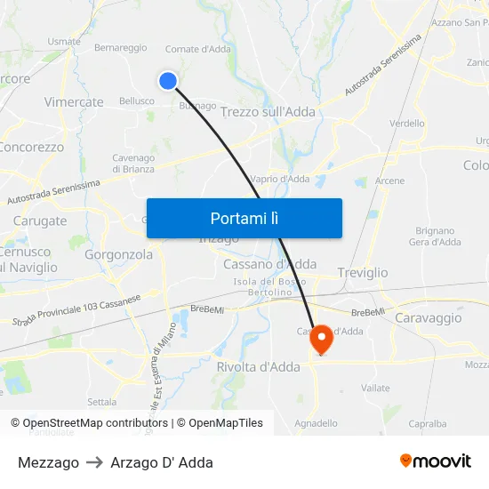 Mezzago to Arzago D' Adda map