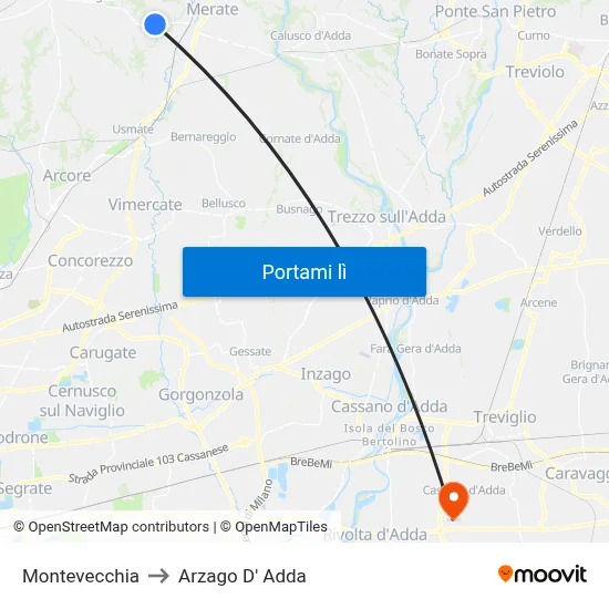 Montevecchia to Arzago D' Adda map