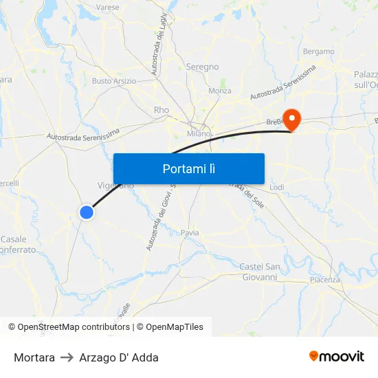 Mortara to Arzago D' Adda map