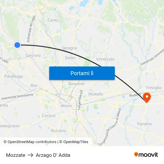 Mozzate to Arzago D' Adda map