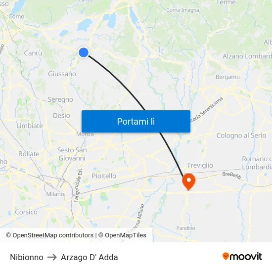 Nibionno to Arzago D' Adda map