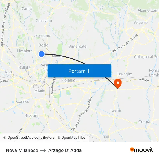 Nova Milanese to Arzago D' Adda map
