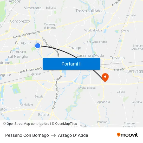 Pessano Con Bornago to Arzago D' Adda map