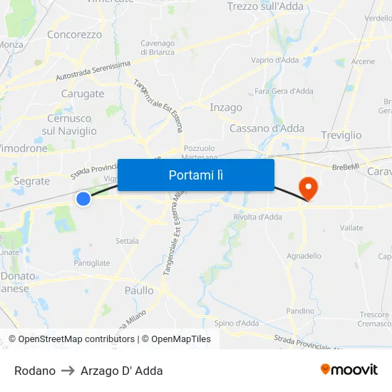 Rodano to Arzago D' Adda map