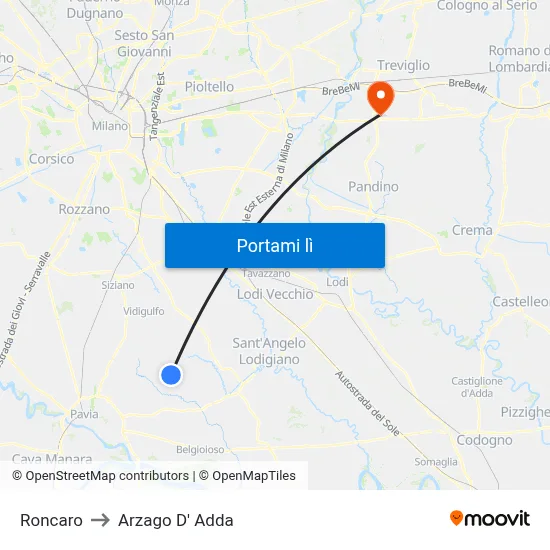 Roncaro to Arzago D' Adda map