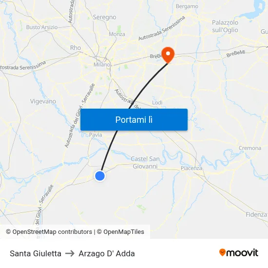 Santa Giuletta to Arzago D' Adda map