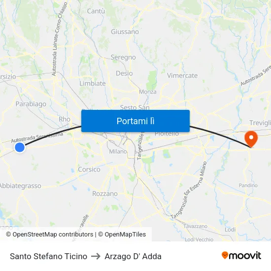 Santo Stefano Ticino to Arzago D' Adda map