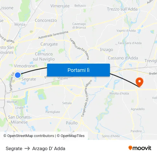Segrate to Arzago D' Adda map