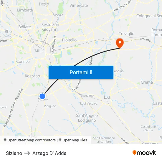 Siziano to Arzago D' Adda map