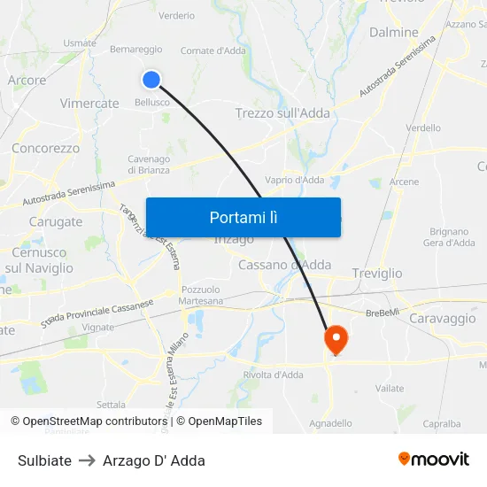 Sulbiate to Arzago D' Adda map