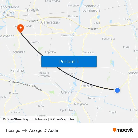 Ticengo to Arzago D' Adda map