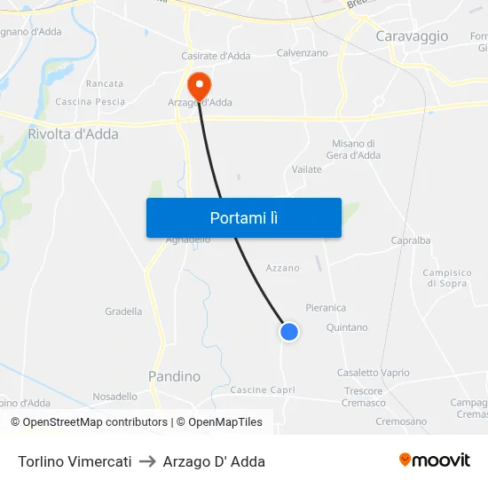 Torlino Vimercati to Arzago D' Adda map