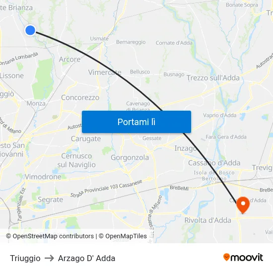 Triuggio to Arzago D' Adda map
