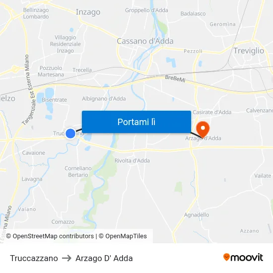 Truccazzano to Arzago D' Adda map