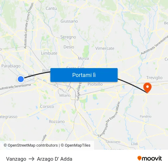 Vanzago to Arzago D' Adda map