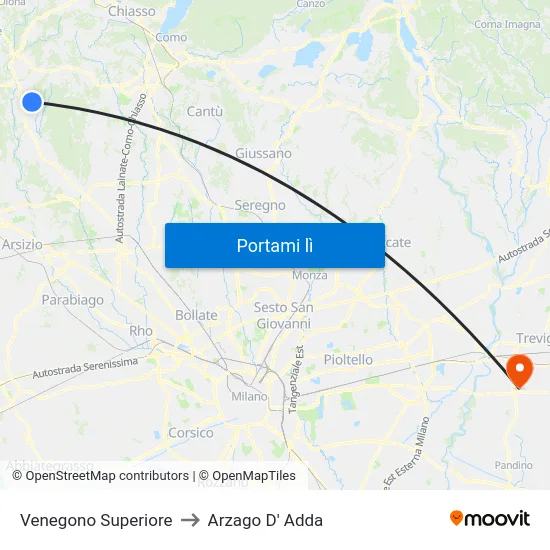 Venegono Superiore to Arzago D' Adda map