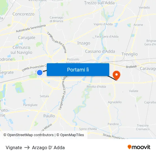 Vignate to Arzago D' Adda map