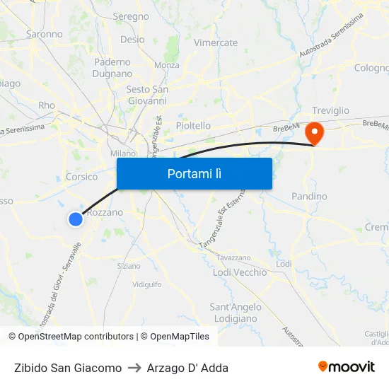 Zibido San Giacomo to Arzago D' Adda map