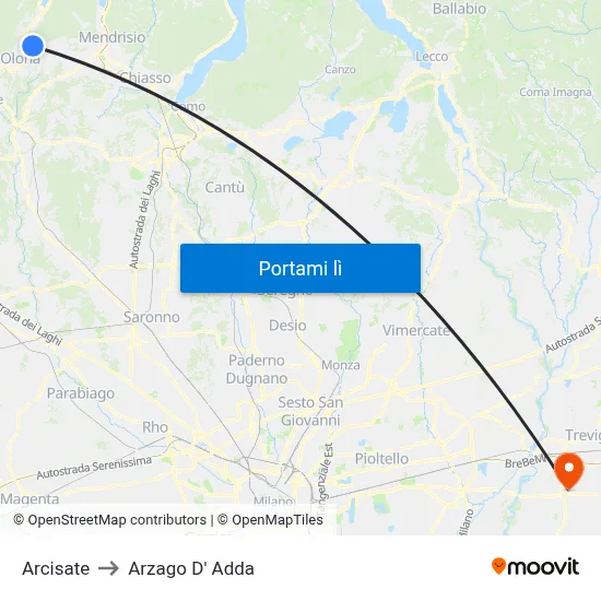 Arcisate to Arzago D' Adda map