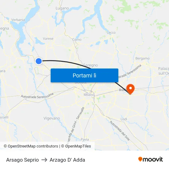 Arsago Seprio to Arzago D' Adda map