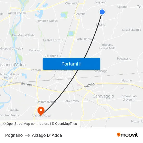 Pognano to Arzago D' Adda map