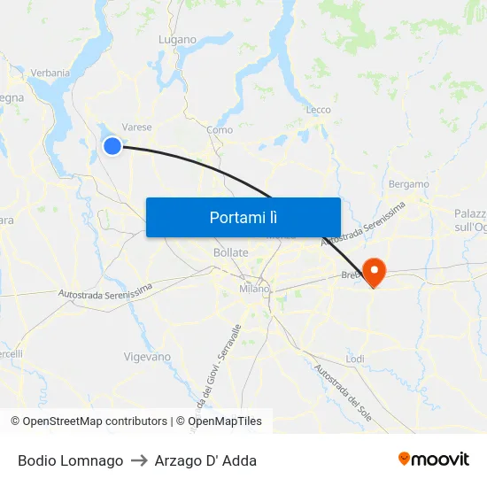 Bodio Lomnago to Arzago D' Adda map