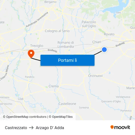 Castrezzato to Arzago D' Adda map