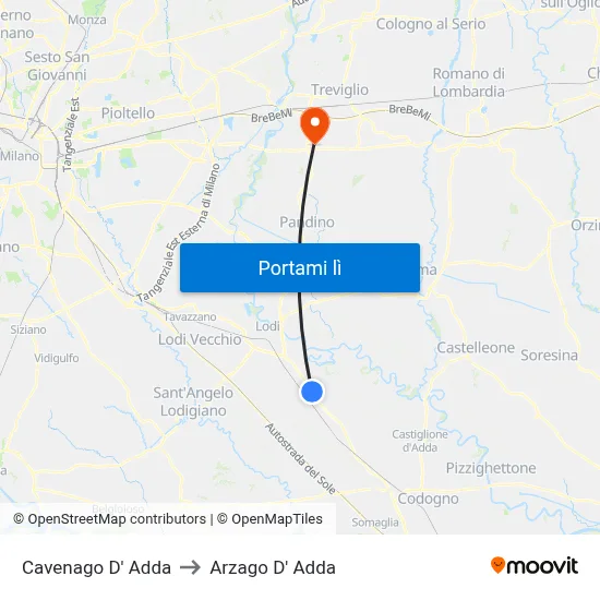 Cavenago D' Adda to Arzago D' Adda map