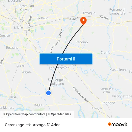 Gerenzago to Arzago D' Adda map