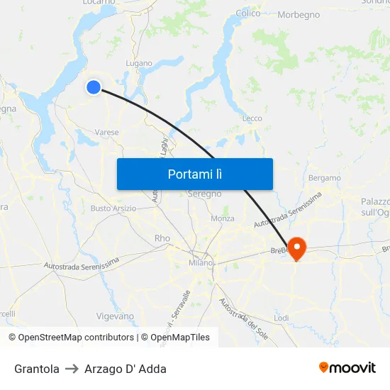 Grantola to Arzago D' Adda map