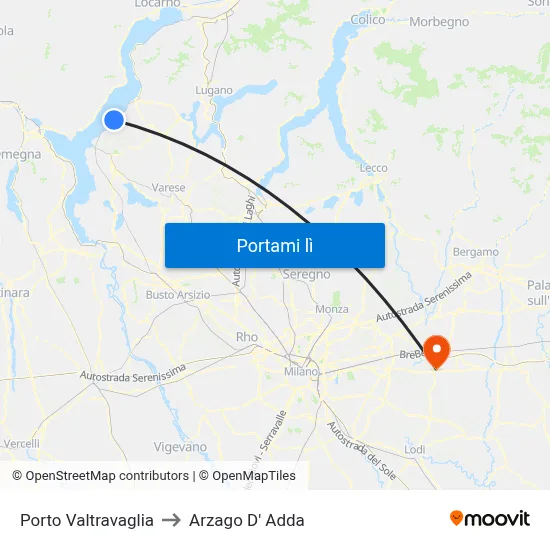 Porto Valtravaglia to Arzago D' Adda map