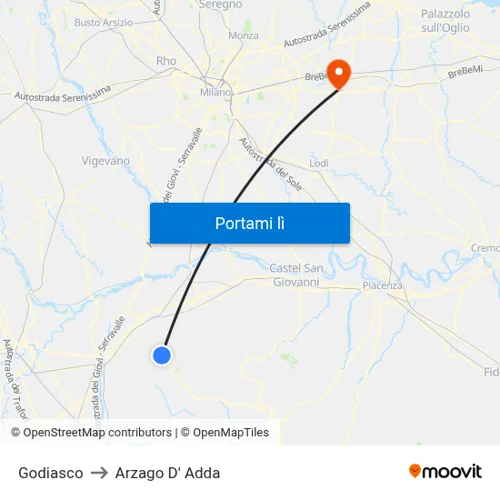 Godiasco to Arzago D' Adda map