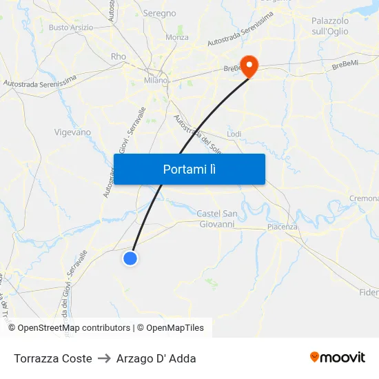 Torrazza Coste to Arzago D' Adda map