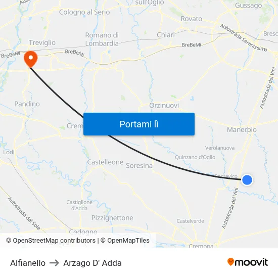 Alfianello to Arzago D' Adda map