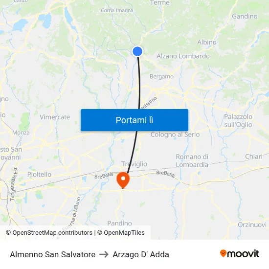 Almenno San Salvatore to Arzago D' Adda map