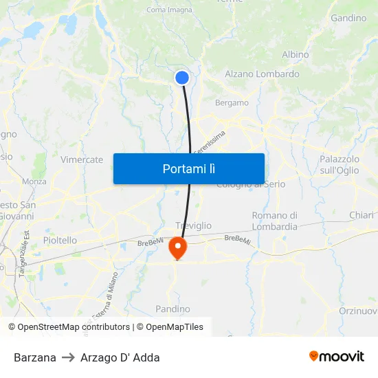 Barzana to Arzago D' Adda map