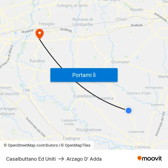 Casalbuttano Ed Uniti to Arzago D' Adda map