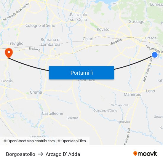 Borgosatollo to Arzago D' Adda map