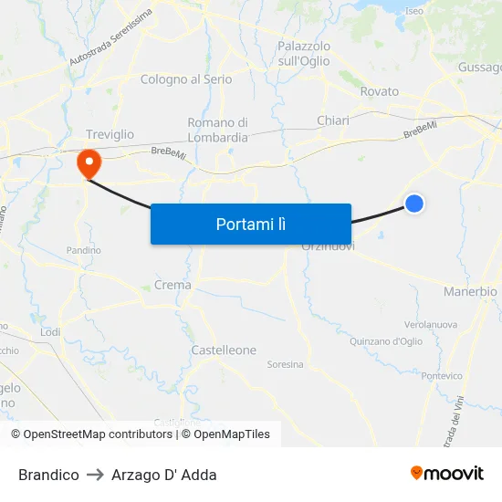 Brandico to Arzago D' Adda map
